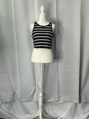 SHEIN Women's Large Black White Striped Ribbed Crop Tank Top Sleeveless